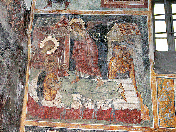 „Śmierć grzesznika” w cerkwie w Łużanach – fresk 1453 roku (Fot. Dmytro Antoniuk)