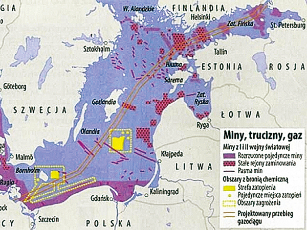 Bałtyk. Mapa rozmieszczenia zagrożeń powojennych i przebiegu będącego w budowie rurociągu gazowego Rosja-Niemcy (Fot. portalmorski.pl)