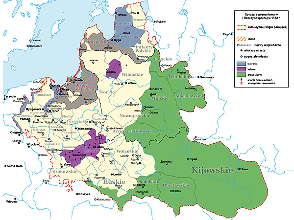 Sytuacja wyznaniowa w I Rzeczypospolitej w 1573 roku. Na zielono zaznaczone zostały obszary, zdominowane przez wyznawców prawosławia (Fot. pl.wikipedia.org)