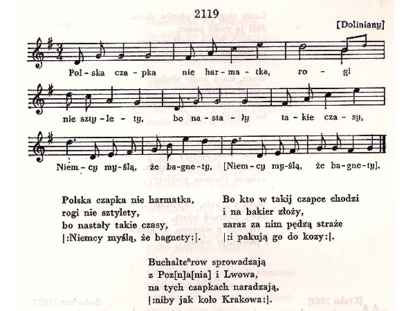 „Polska czapka nie harmatka” – przykład polskiej pieśni zanotowanej przez Oskara Kolberga we wsi Doliniany koło Gródka Jagiellońskiego niedaleko Lwowa