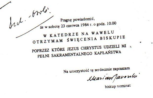 Zaproszenie na otrzymanie sakry biskupiej na Wawelu (z archiwum autora)