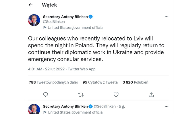 Dyplomaci USA będą pracować na Ukrainie, ale mieszkać w Polsce