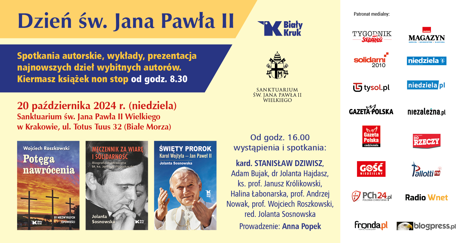 Dzień św. Jana Pawła II z Białym Krukiem! Program wydarzeń w Sanktuarium św. Jana Pawła II na Białych Morzach w Krakowie